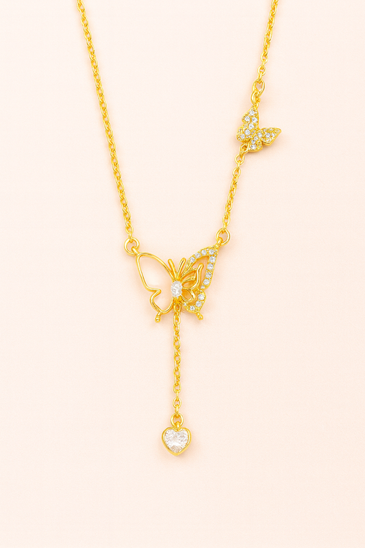 Gold-Plated Butterfly Pendant Necklace with CZ Heart Drop