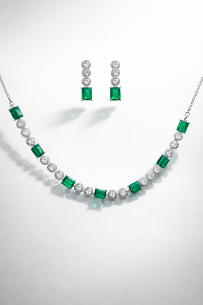 Silver-Plated Green Crystal Necklace Set with Earrings – Emerald Style Diamond Look Jewellery