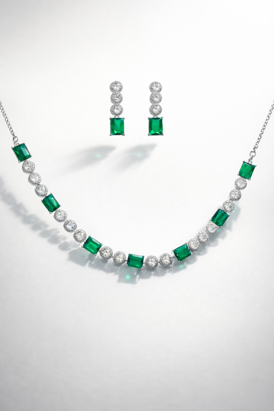 Silver-Plated Green Crystal Necklace Set with Earrings – Emerald Style Diamond Look Jewellery