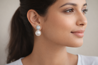 Silver-Plated Pearl Drop Earrings for Women – CZ Halo Stud Elegant Jewellery