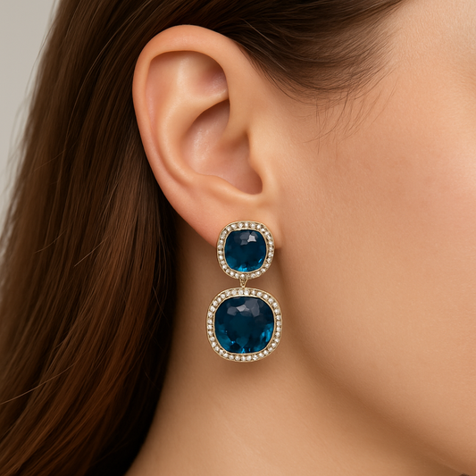Dual Blue Stone Gold-Plated Drop Earrings with Crystal Halo Accents