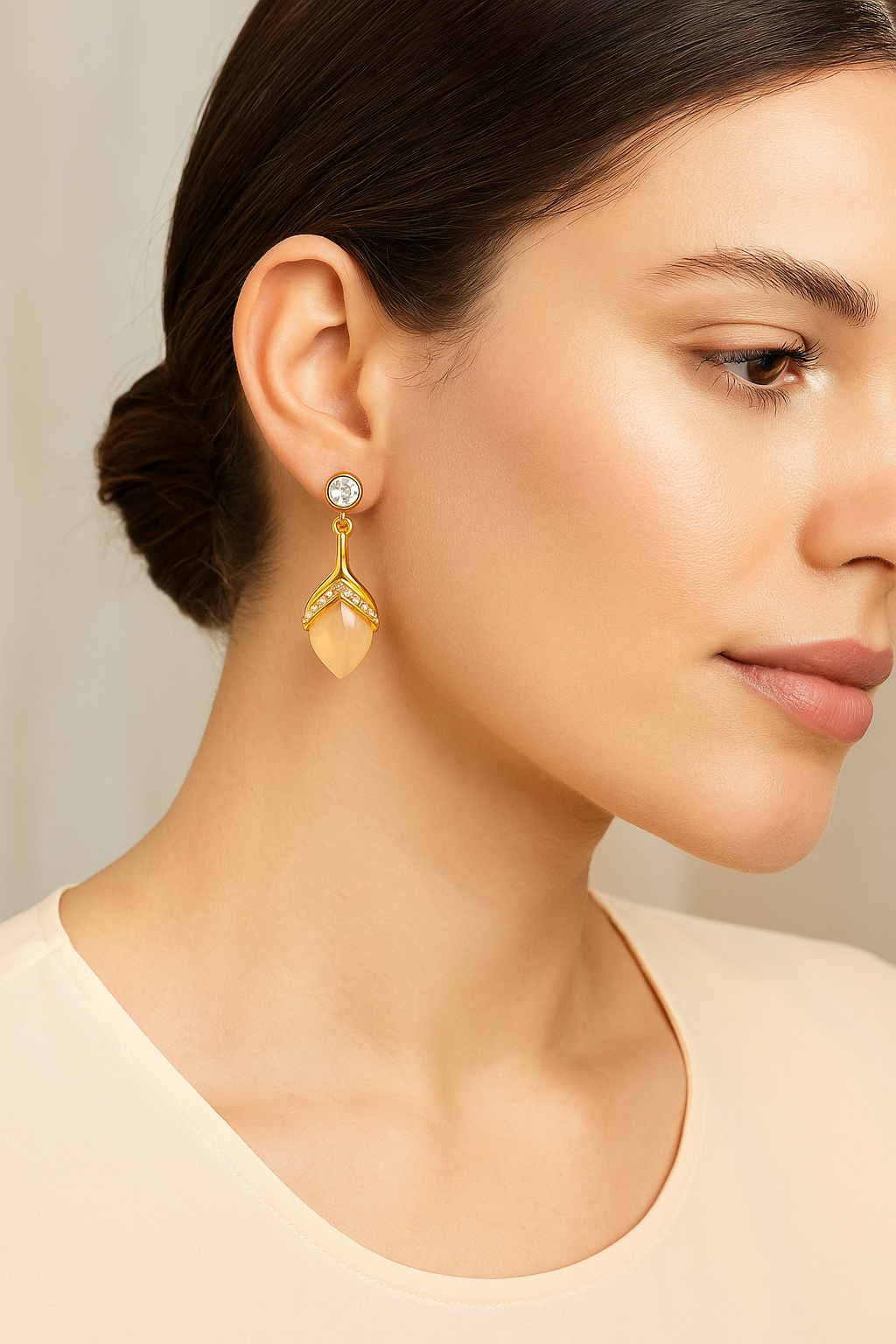 Gold-Plated Beige Stone Drop Earrings with CZ Stud Top