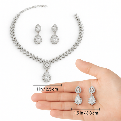 Classic Rhodium-Plated Diamond Look Necklace & Earrings Set with Solitaire Drop Pendant