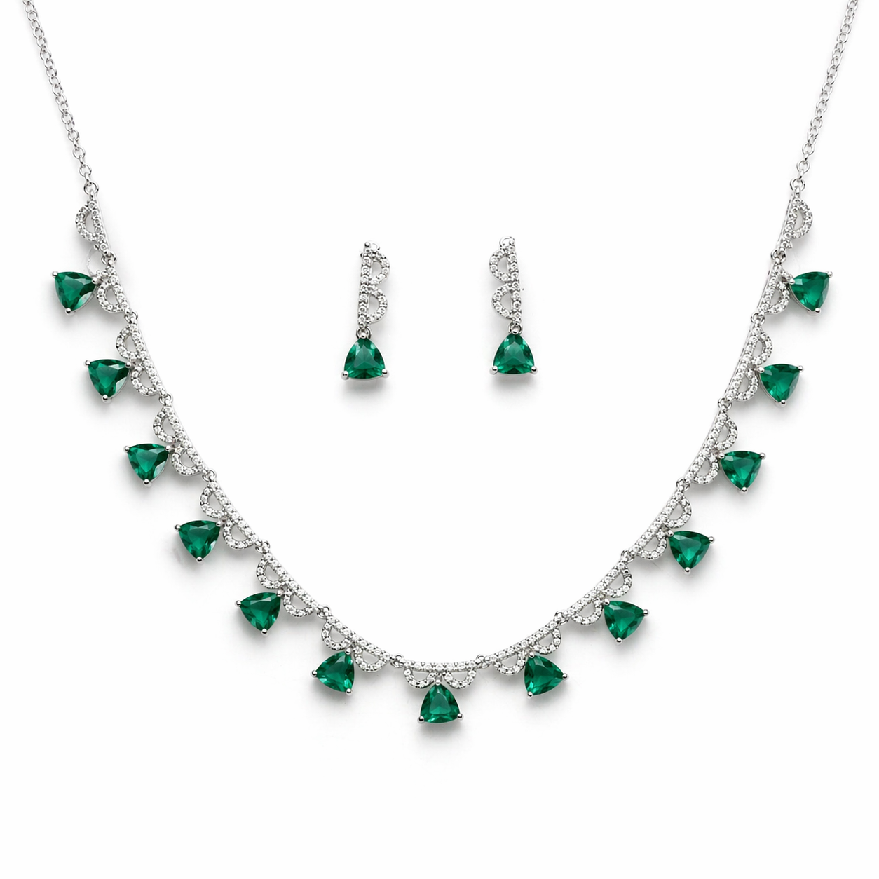 Silver-Plated Green Crystal Necklace Set with Earrings – Elegant Festive & Wedding Jewellery