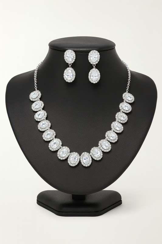 Glamorous Silver-Toned Oval CZ Necklace & Earrings Set with Double Halo Design
