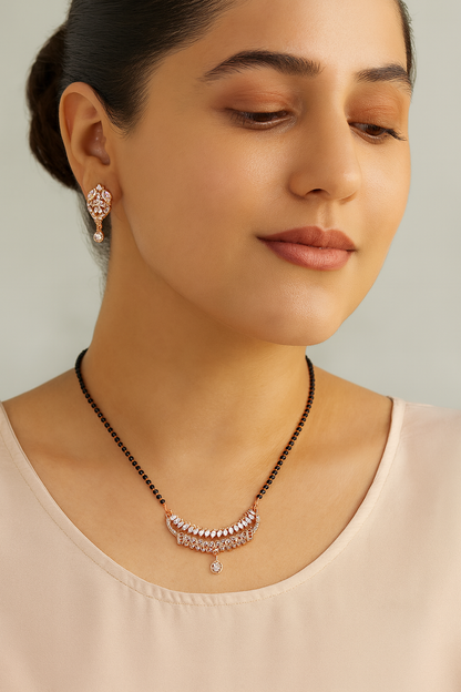 Rose Gold-Plated Designer Mangalsutra with Matching Earrings | CZ Stone Bridal Set