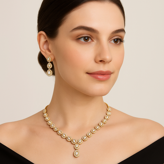 Royal Gold-Tone Kundan Style Necklace & Earrings Set with Pear-Shaped Motifs