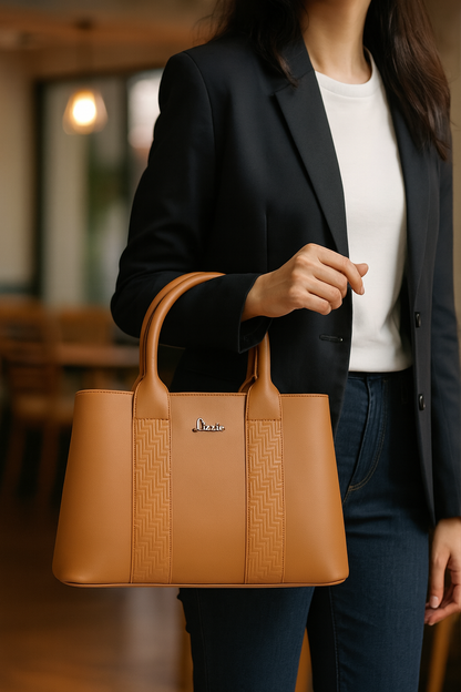 LIZZIE Tan Textured Panel Faux Leather Handbag – With Detachable Sling Strap