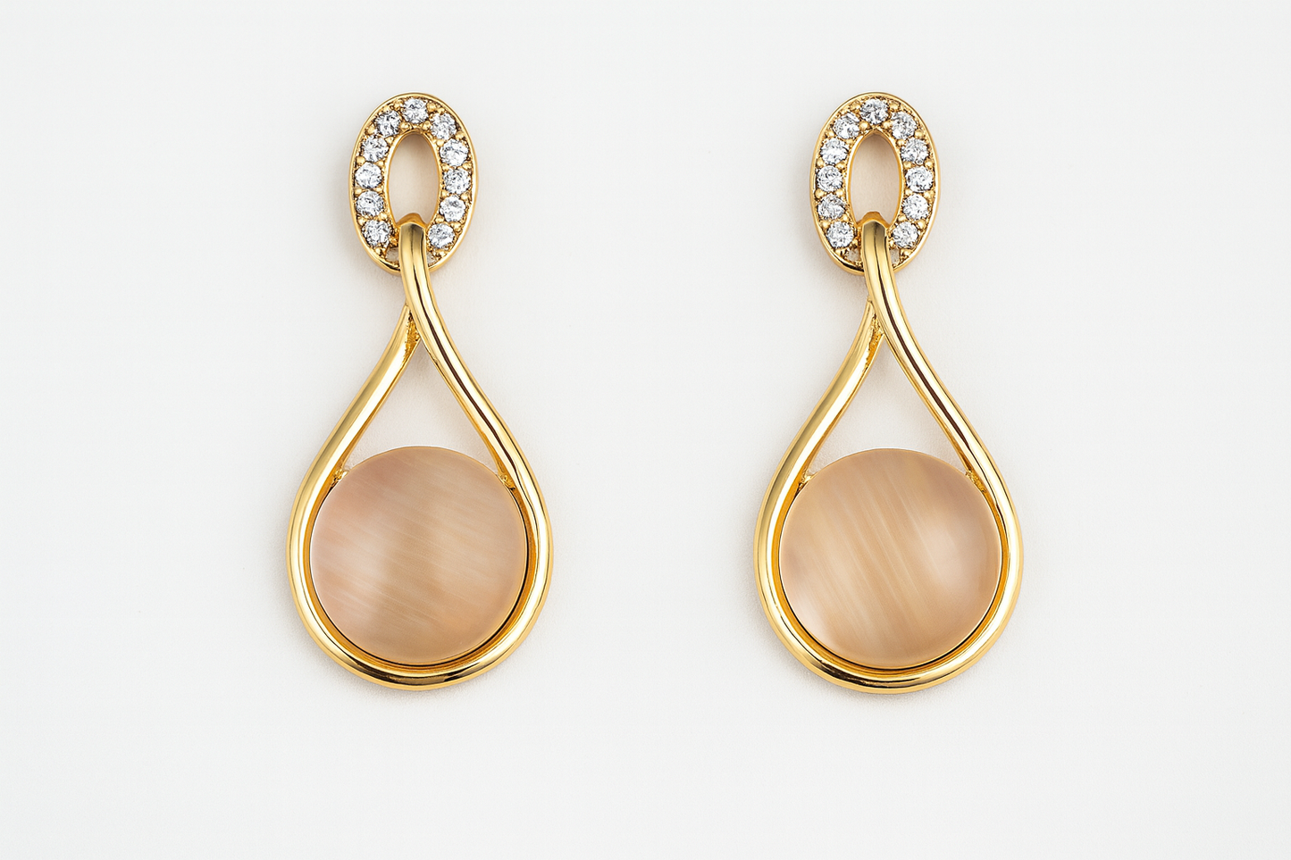 Gold-Plated Open Teardrop Earrings with Beige Round Stone and CZ-Studded Top