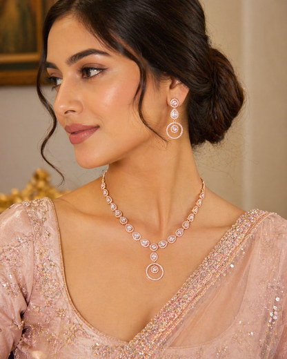 Rose Gold Plated Teardrop Crystal Necklace Set with Earrings – Premium Bridal Wedding Jewellery