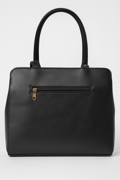 ZUBY Classic Black Pleated Handbag – Structured Tote with Elegant Draped Front and Gold Accents