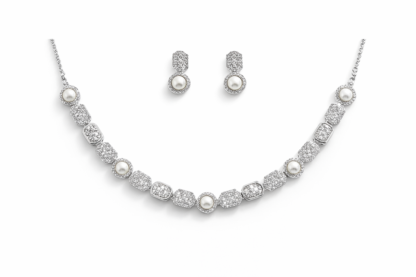 Silver-Plated Diamond Look Pearl Necklace Set with Earrings – Elegant Wedding & Party Wear Jewellery