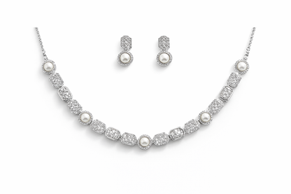 Silver-Plated Diamond Look Pearl Necklace Set with Earrings – Elegant Wedding & Party Wear Jewellery