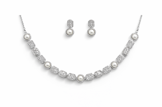 Silver-Plated Diamond Look Pearl Necklace Set with Earrings – Elegant Wedding & Party Wear Jewellery