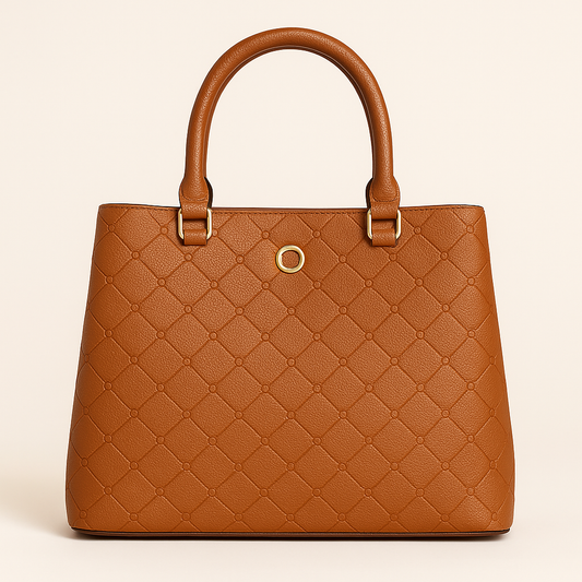 ZUBY Women's Quilted Tan Faux Leather Handbag with Dual Handles & Gold Accent