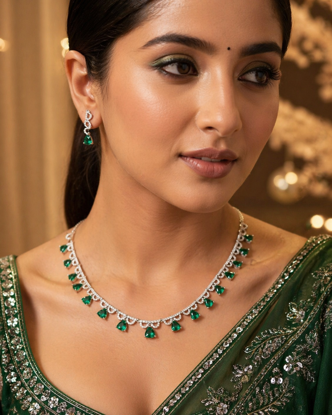 Silver-Plated Green Crystal Necklace Set with Earrings – Elegant Festive & Wedding Jewellery