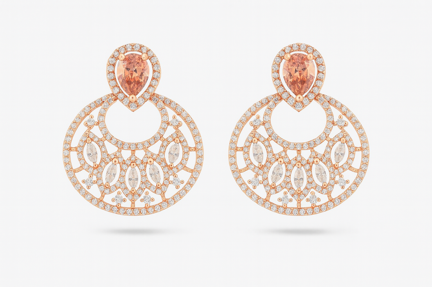 Rose-Gold Chandelier Earrings with Marquise CZ & Peach Teardrop Stud – Party & Bridal Wear