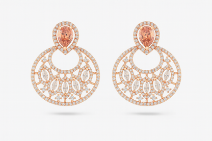 Rose-Gold Chandelier Earrings with Marquise CZ & Peach Teardrop Stud – Party & Bridal Wear