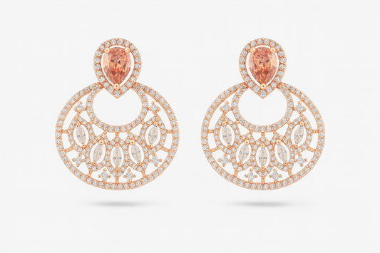 Rose-Gold Chandelier Earrings with Marquise CZ & Peach Teardrop Stud – Party & Bridal Wear