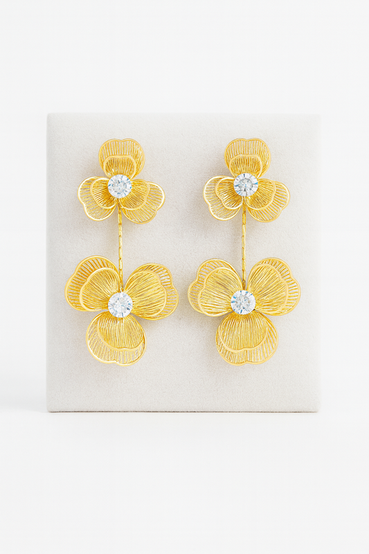 Gold-Plated Double Flower Drop Earrings with Crystal Centers