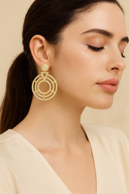 Gold-Plated CZ-Studded Circular Statement Earrings for Party & Occasion Wear
