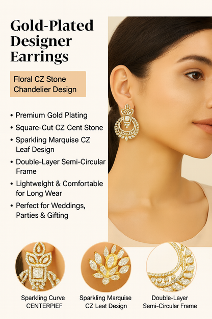 Gold-Plated CZ Chandelier Earrings with Square Centerpiece & Marquise Accents – Bridal & Festive Wear