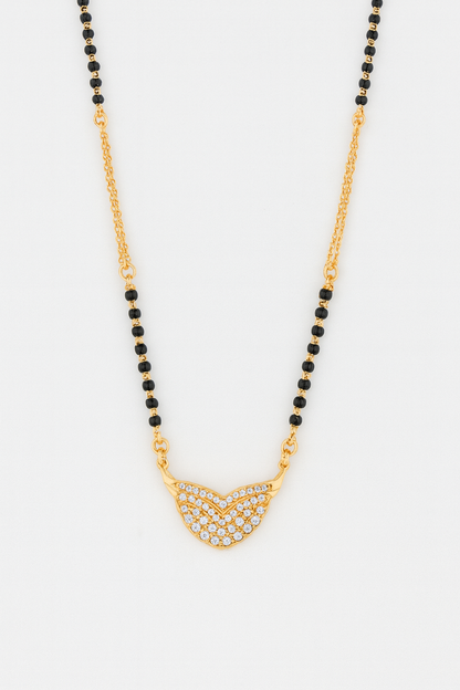 Elegant Gold-Plated Mangalsutra with Black Beads & CZ-Studded Chevron Pendant