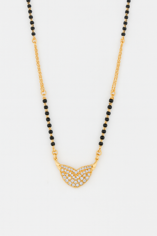 Elegant Gold-Plated Mangalsutra with Black Beads & CZ-Studded Chevron Pendant