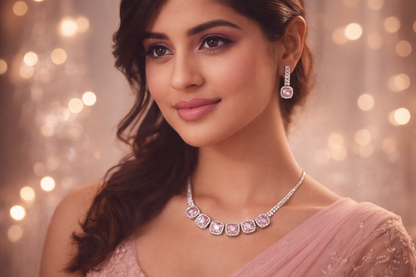 Silver-Plated Pink Crystal Necklace Set with Earrings – Luxury Diamond Look Bridal Jewellery