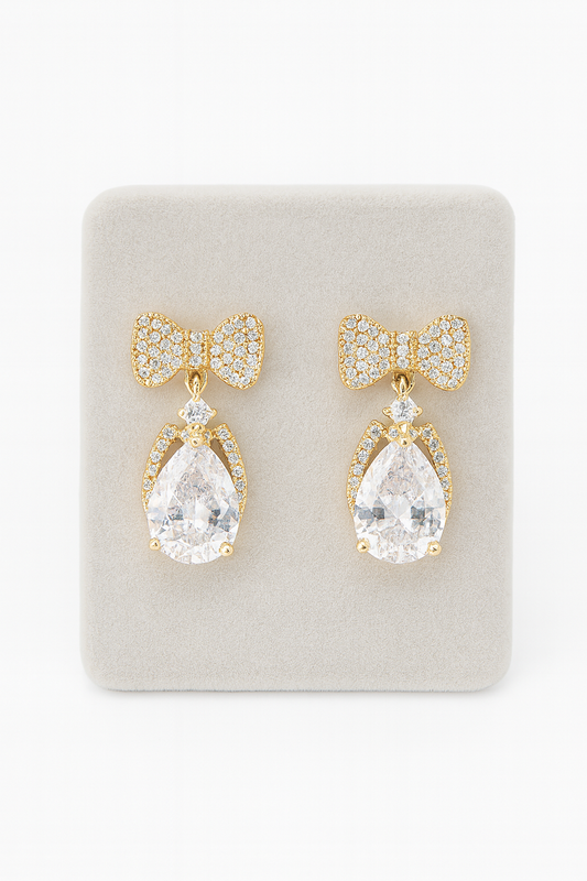 Gold-Plated Bow & Teardrop CZ Earrings with Micro-Pave Accents
