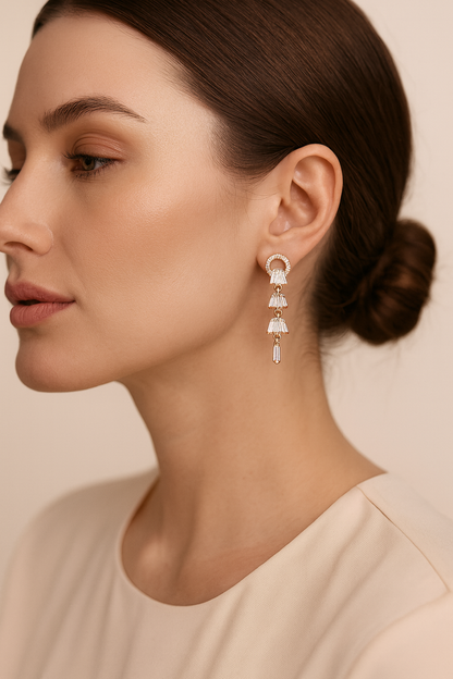 Rose-Gold Plated Linear Drop Earrings with Baguette CZ Stones