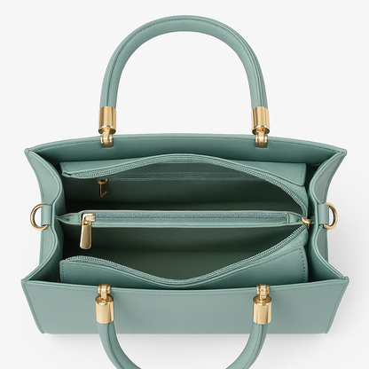 KATE Elegant Mint Green Structured Handbag with Gold Hexagon Handles – Premium Faux Leather Purse for Women