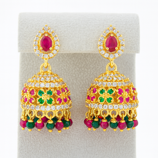 Gold-Plated Floral Jhumka Earrings with Ruby, Emerald, and Bead Drops