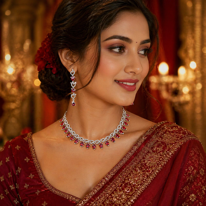 Silver-Plated Red Teardrop Crystal Necklace Set with Earrings – Bridal Wedding Jewellery Set