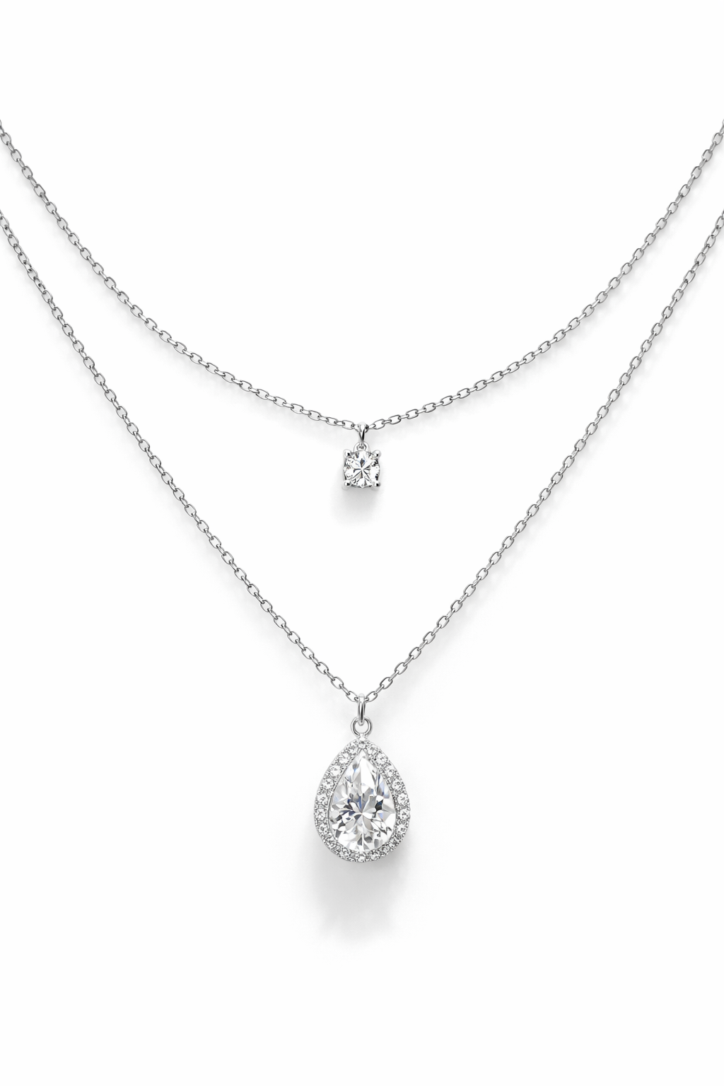 Silver-Plated Layered Teardrop CZ Pendant Necklace for Women – Elegant Double Layer Crystal Jewellery
