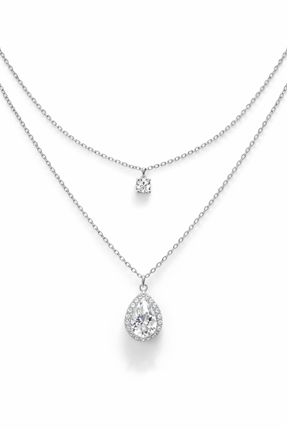 Silver-Plated Layered Teardrop CZ Pendant Necklace for Women – Elegant Double Layer Crystal Jewellery