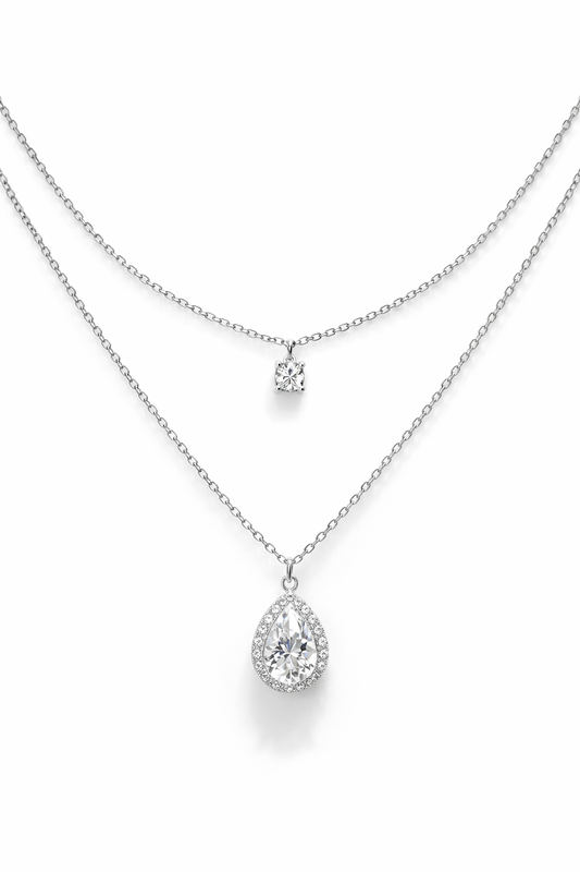 Silver-Plated Layered Teardrop CZ Pendant Necklace for Women – Elegant Double Layer Crystal Jewellery