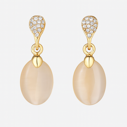 Gold-Plated Oval Drop Earrings with CZ-Studded Top and Beige Gemstone