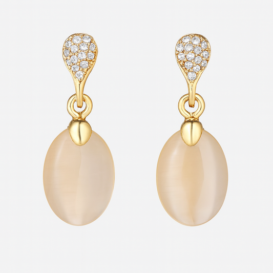 Gold-Plated Oval Drop Earrings with CZ-Studded Top and Beige Gemstone