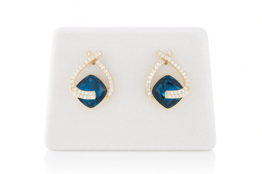 Gold-Plated Drop Frame Earrings with Blue Cushion-Cut Stone and CZ Accents