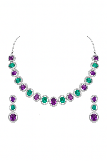 Regal Round-Cut Multicolor Stone Necklace & Earrings Set – Green, Purple & Diamond Accents