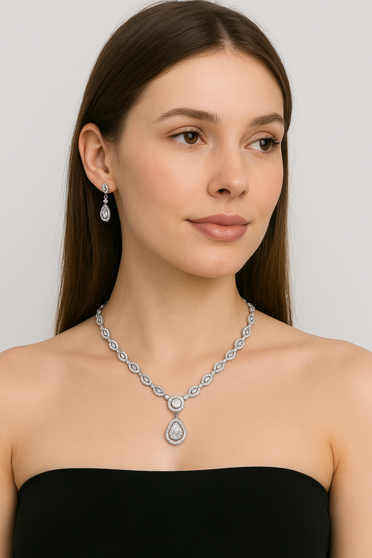 Graceful Silver-Toned CZ Diamond Necklace & Earrings Set with Teardrop Pendant