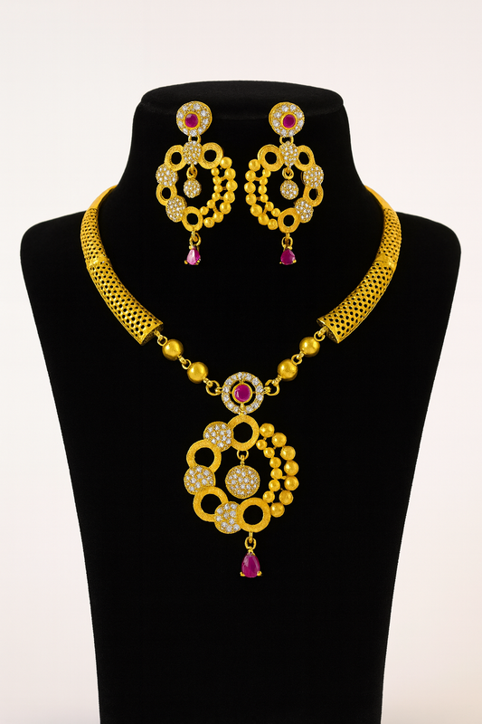 Contemporary Gold-Plated Necklace Set with Pink CZ Drops & Textured Disc Design – Party Jewelry for Women