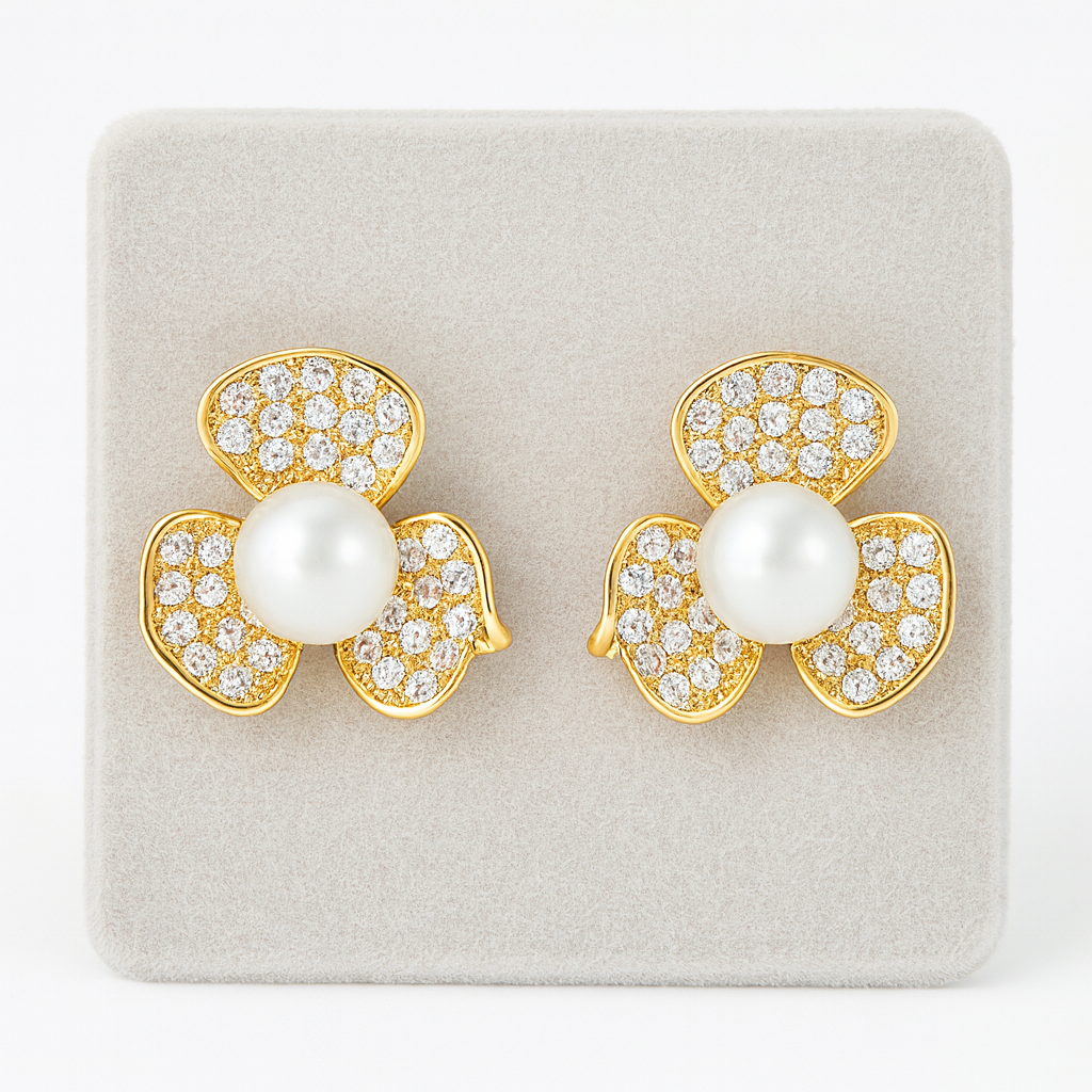 Gold-Plated Floral Stud Earrings with CZ Petals and Pearl Center