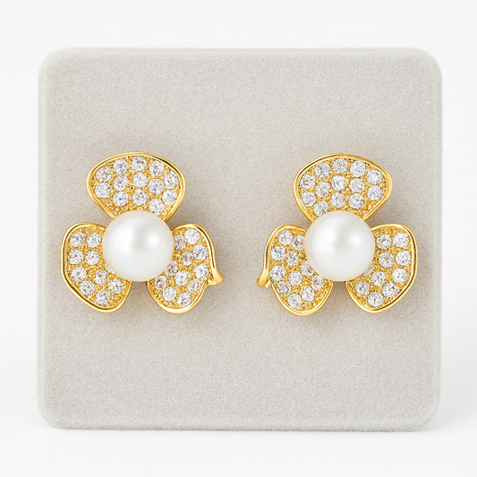 Gold-Plated Floral Stud Earrings with CZ Petals and Pearl Center