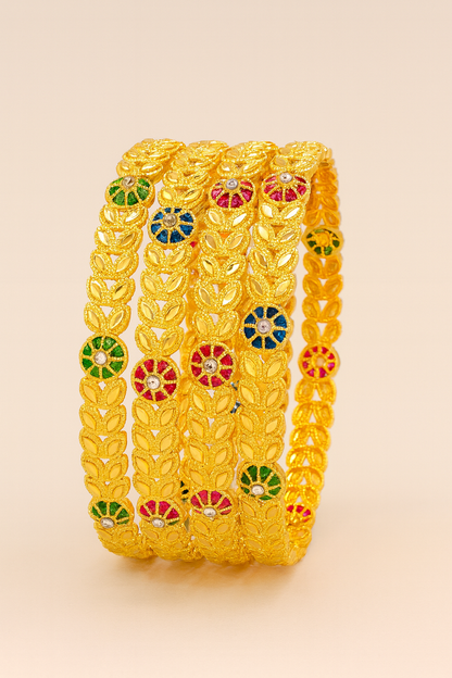 Gold-Plated Leaf Pattern Kada Bangles for Women with Multicolor Enamel Floral Work – Set of 4
