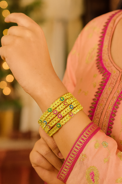 Gold-Plated Leaf Pattern Kada Bangles for Women with Multicolor Enamel Floral Work – Set of 4
