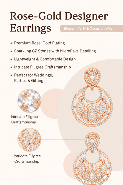 Rose-Gold Chandelier Earrings with Marquise CZ & Peach Teardrop Stud – Party & Bridal Wear