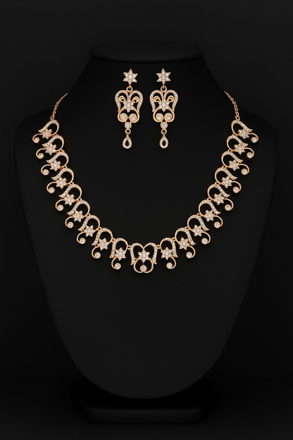 Antique Gold-Toned Floral Motif Necklace & Earrings Set with White Stone Detailing