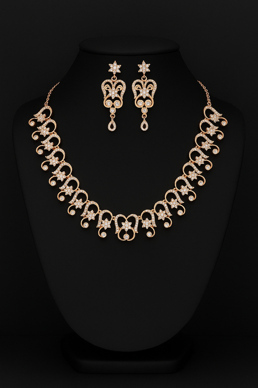 Antique Gold-Toned Floral Motif Necklace & Earrings Set with White Stone Detailing